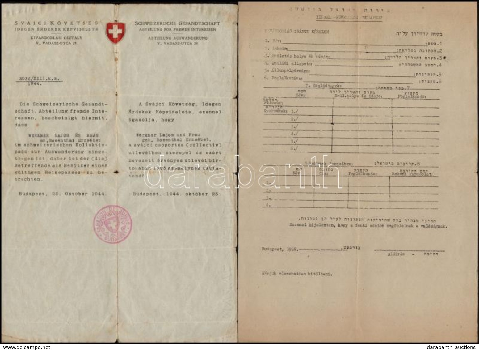 1944 Bp., A Svájci Követség által Zsidó Férfi és Felesége Számára Kiállított Védőútlevél (Schutzpass), Valamint Anyaköny - Altri & Non Classificati