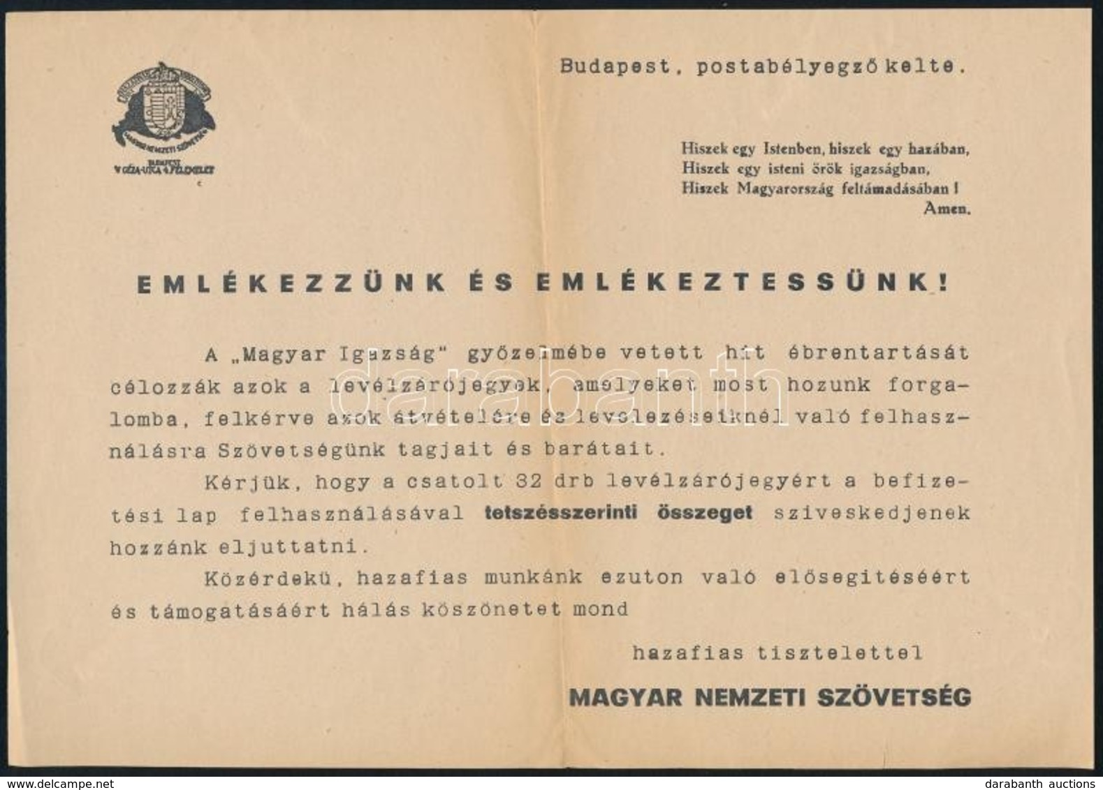 Cca 1930 Magyar Nemzeti Szövetség Irredenta Levélzáró Mellé Mellékelt Felhívás. - Autres & Non Classés