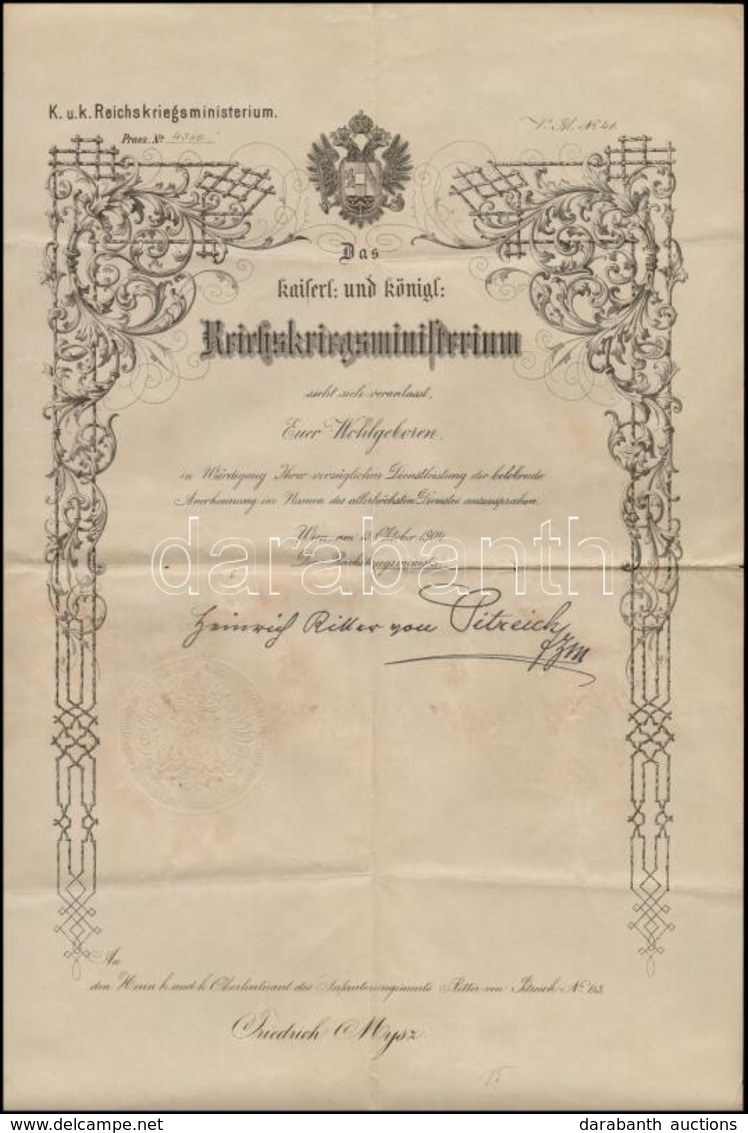 1904 Katonai Elismerő Oklevél A Hadügyminiszter Aláírásával és Szárazpecsétjével / Military Warrant. - Autres & Non Classés