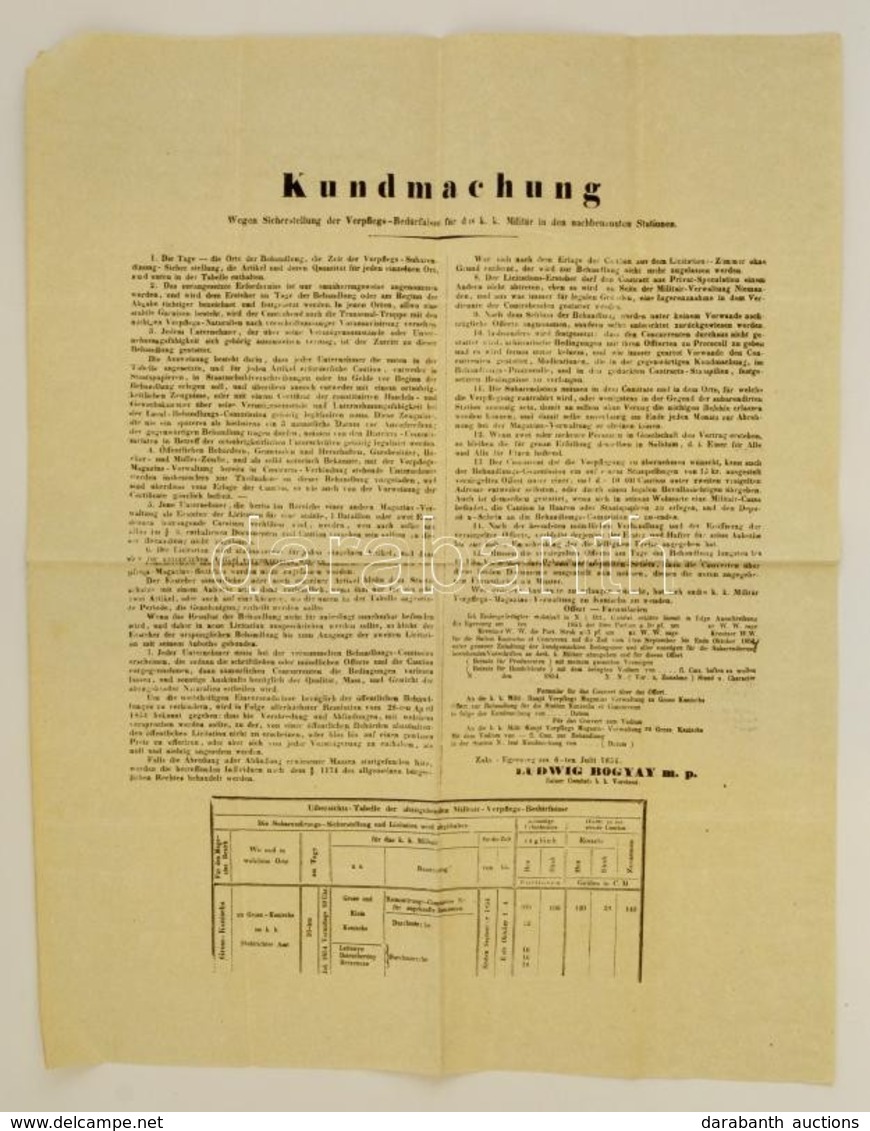 1854 Hirdetmény Katonák Ellátásáról Különböző Településeken (Nagykanizsa, Letenye, Iharosberény), Német Nyelven, Jó álla - Autres & Non Classés