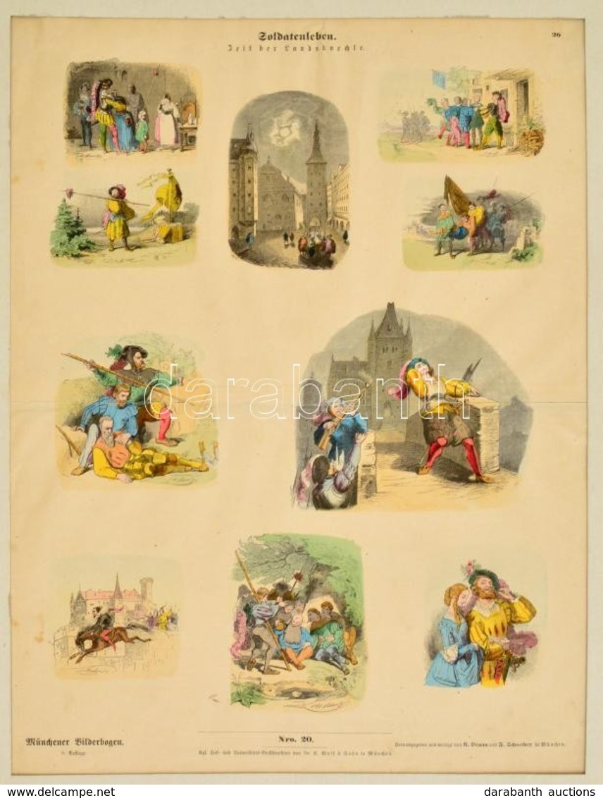 Cca 1848-1898 'Soldatenleben' Münchener Bilderogen 9. Auflage, Kézzel Színezett Illusztráció, Paszpartuban, 42x32 Cm - Autres & Non Classés