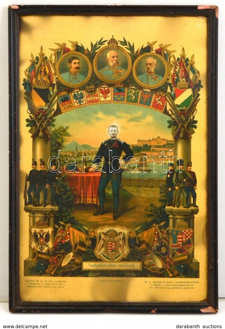 Cca 1900 Szolgálati Időm Emlékéül. Emléklap Ferenc József, Ferenc Ferdinánd és Frigyes Főherceg Arcképével, Litho, üvege - Autres & Non Classés