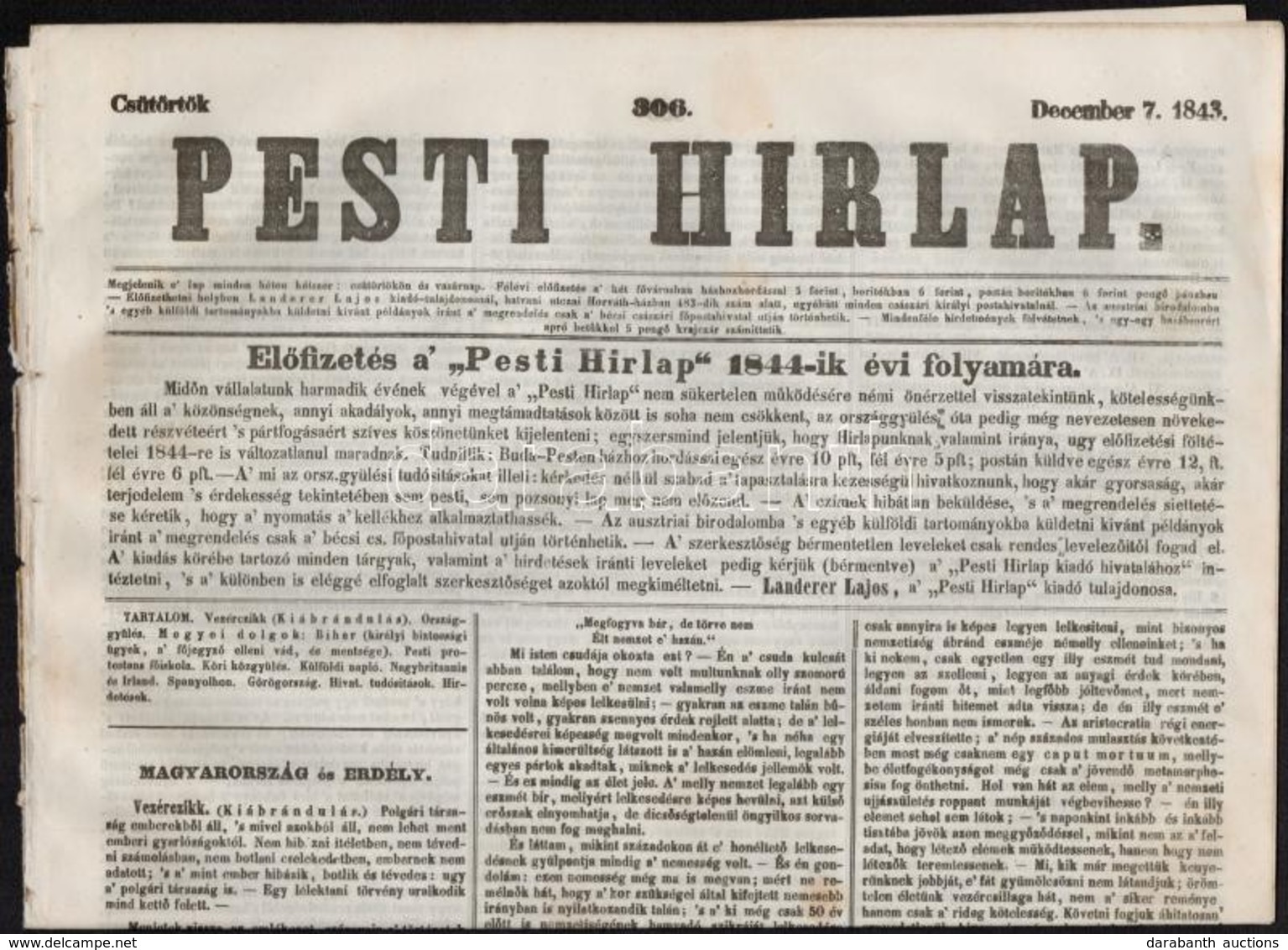 1843 Pesti Hírlap 1843. December 7. 306. Szám, 835-842. P. Kiadja Landerer Lajos, Szerkeszti Kossuth Lajos. Korabeli Rek - Non Classés