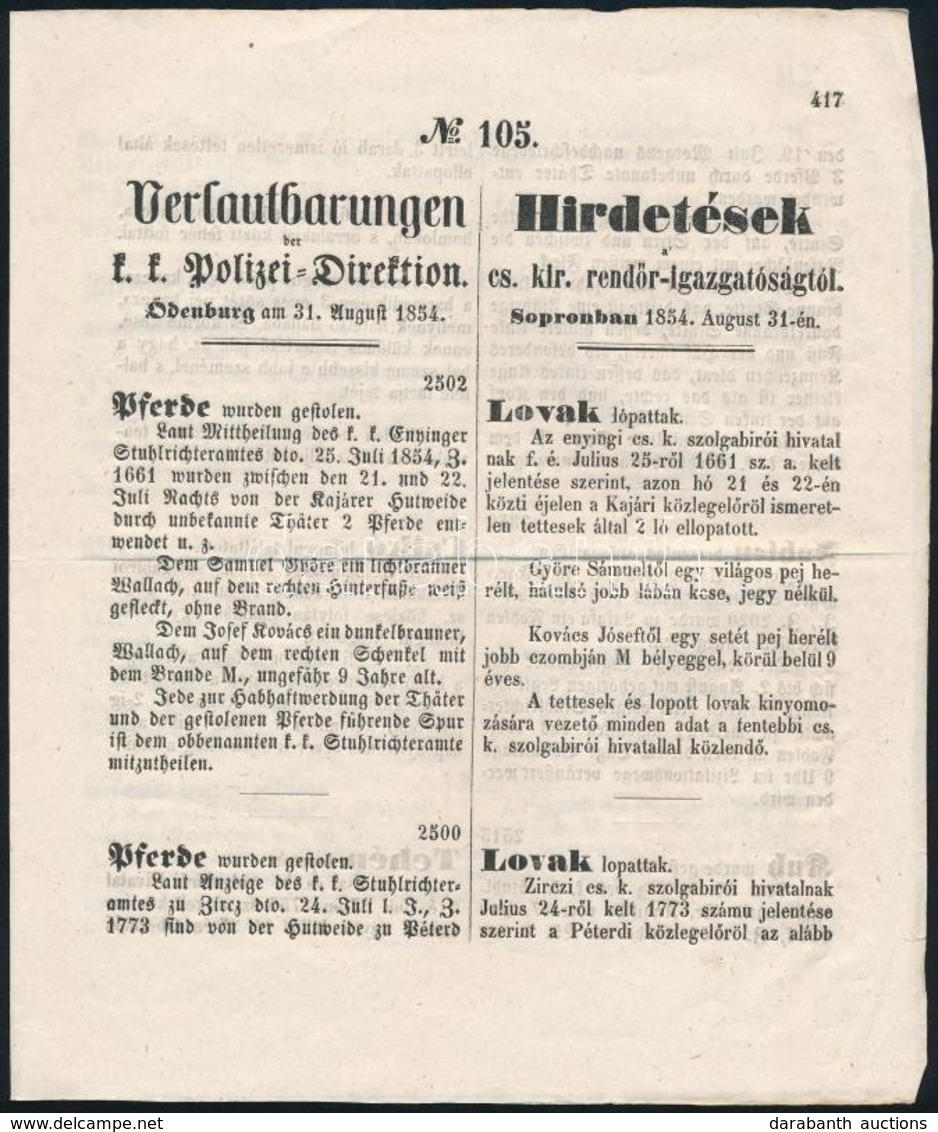 1854 Sopron, Hirdetések Cs. Kir. Rendőr Igazgatóságtól, Benne Különféle Bűncselekmények Leírása, Kétnyelvű, 4 P. - Non Classés