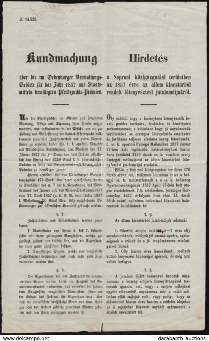 1857 Sopron, Hirdetés Soproni Lótenyésztési Díjakról Német és Magyar Nyelven - Non Classés