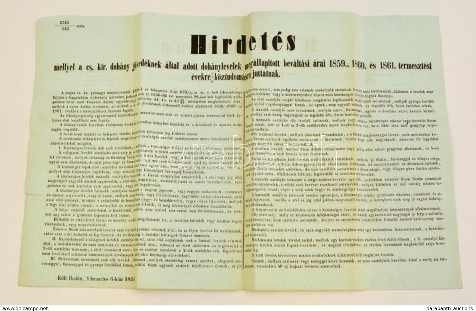 1859 Buda, Hirdetés Dohánylevelek Beváltási áráról Az 1859-1961. Termesztési évekre - Non Classés