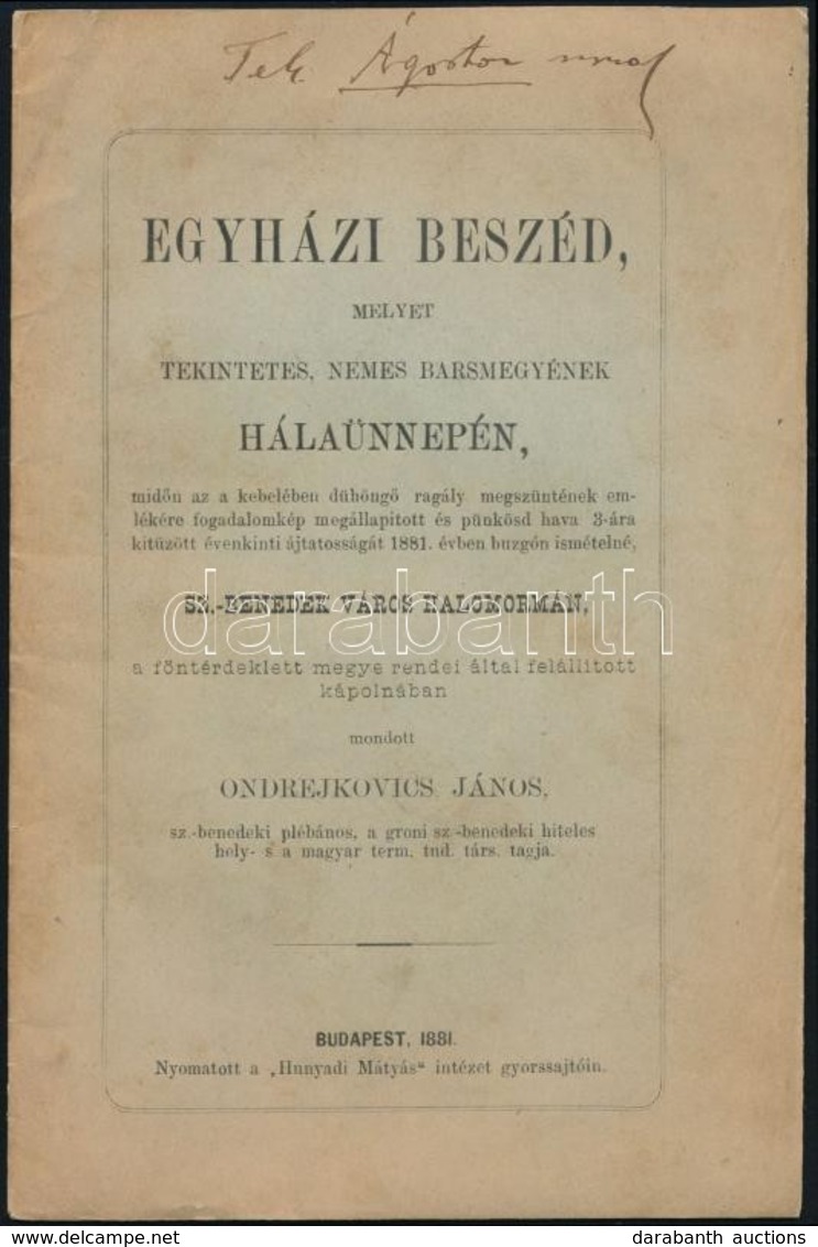 Ondrejkovics János: Egyházi Beszéd, Melyet T. Nemes Bars Megyének Hálaünnepén, Midőn A Kebelében Dühöngő Ragály Megszünt - Non Classés