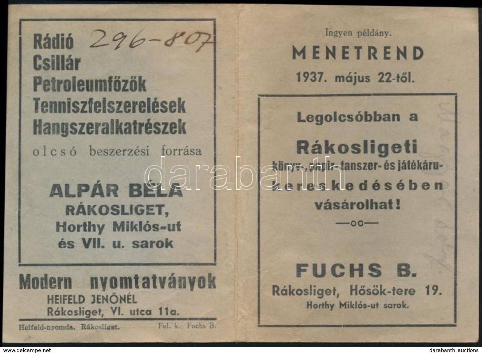 1937 Budapest-Gödöllő Menetrend, Rákosligeti Reklámokkal - Non Classés