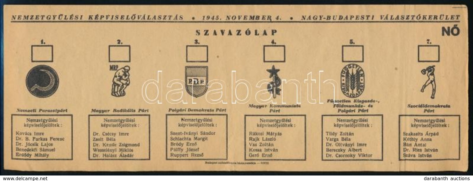 1945 Nemzetgyűlési Képviselőválasztás Szavazólap, 10,5x29 Cm - Non Classés