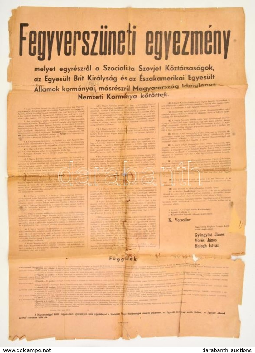 1945 Fegyverszüneti Egyezmény, Melyet A Szocialista Szovjet Köztársaságok [...] Magyarország Ideiglenes Nemzeti Kormánya - Non Classés