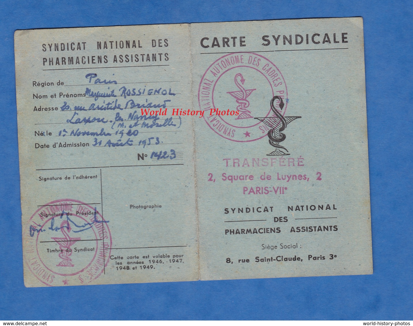 Carte Ancienne Syndicale - Syndicat Nationa Des Pharmaciens Assistants - 1953 - Pharmacie Métier Work - Autres & Non Classés