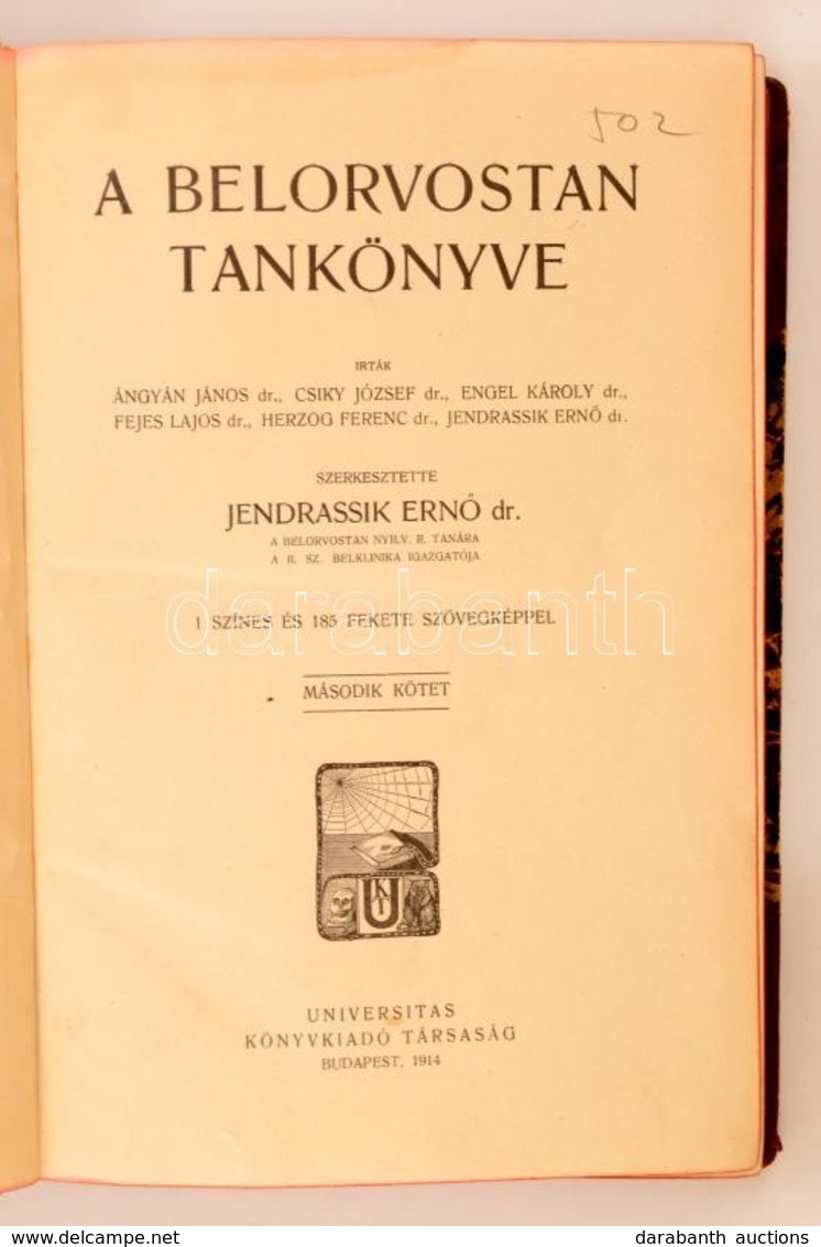 Dr. Jendrassik Ernő (szerk.): A Belorvostan Tankönyve II. Budapest, 1914, Universitas. Kiadói Bordázott Gerincű Félbőr K - Non Classés