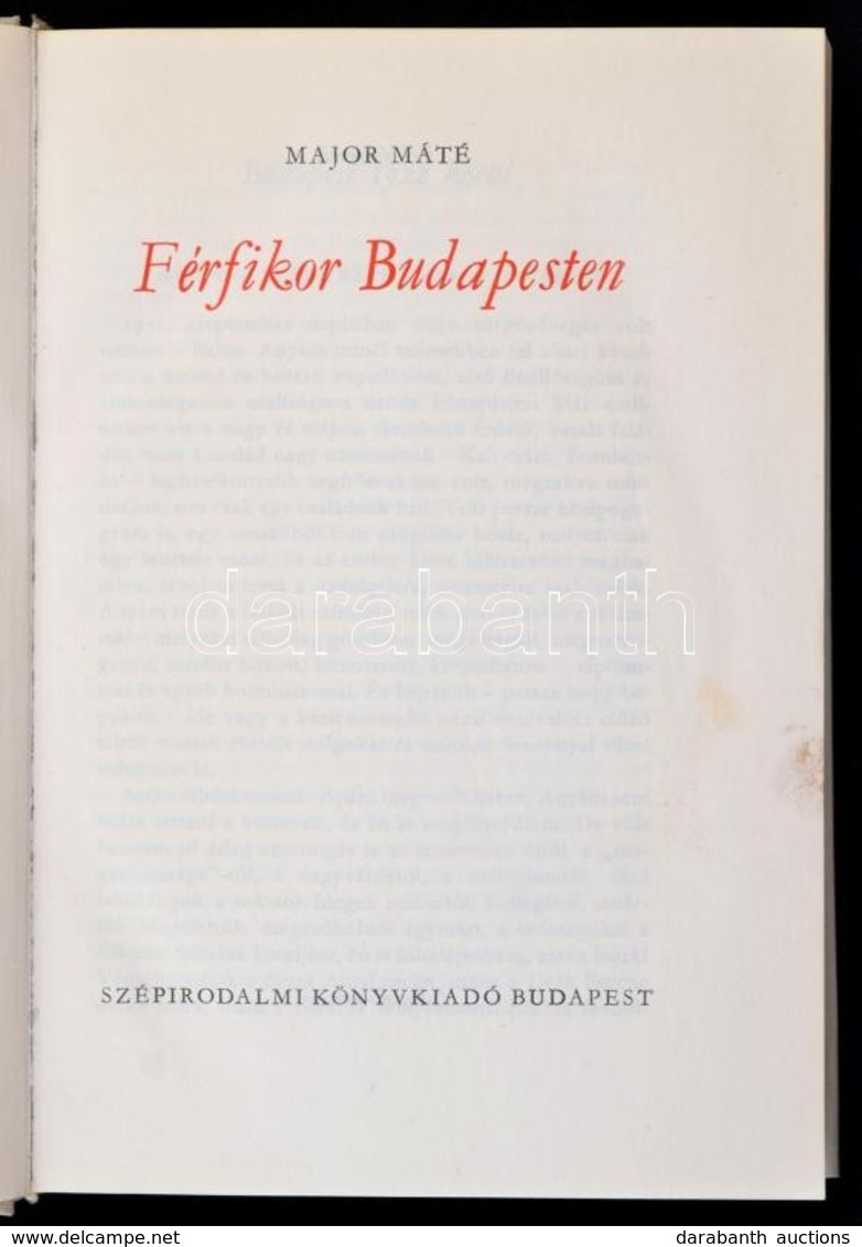 Major Máté: Férfikor Budapesten. Bp., 1978, Szépirodalmi. Vászonkötésben, Jó állapotban. - Non Classés