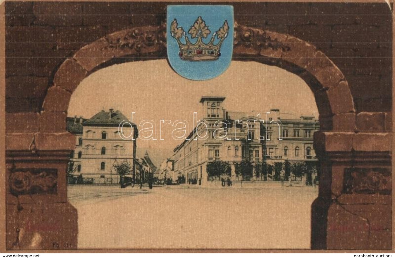 ** T2/T3 Brassó, Kronstadt, Brasov; Kapu Utca. Címeres Litho Keret / Street View. Coat Of Arms, Art Nouveau Litho (EK) - Unclassified