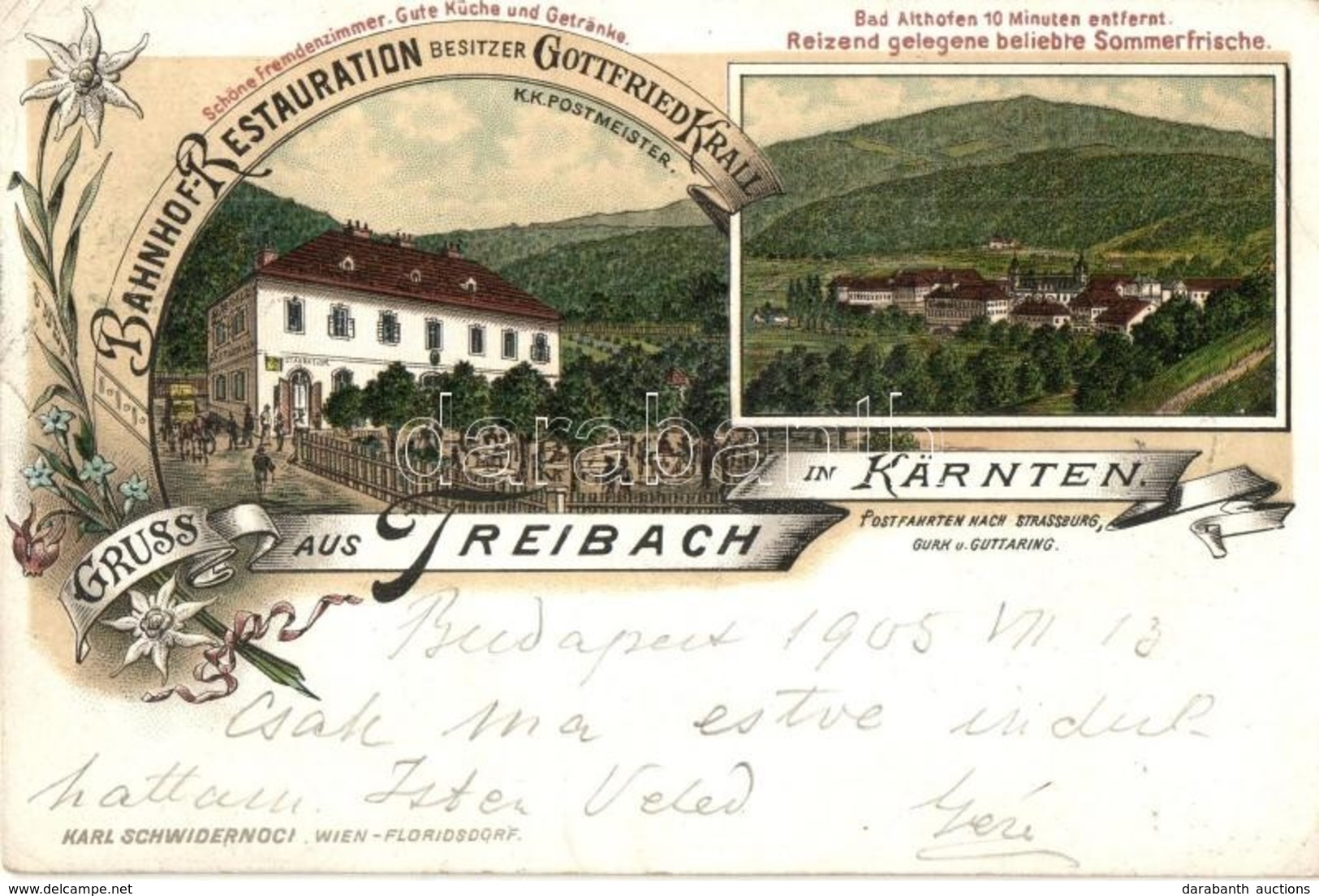 T2/T3 Freisach (Kärnten), Bahnhof-Restauration Besitzer Gottfried Krall (K. K. Postmeister), Bad Althofen Sommerfrische  - Non Classés