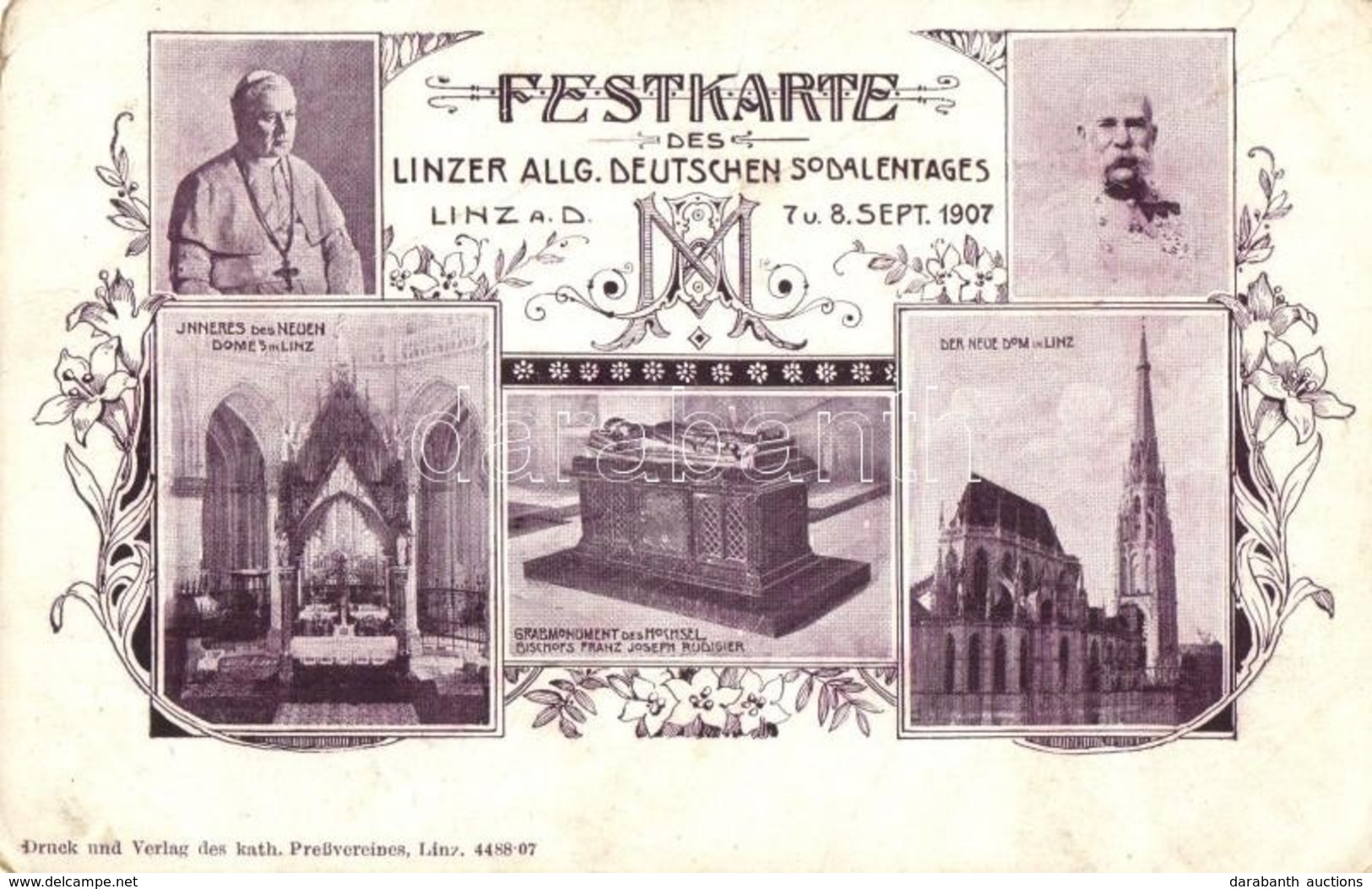 ** T3 1907 Linz, Festkarte Linzer Allg. Deutschen Sodalentaged. Franz Jospeh, Church Interior. Art Nouveau, Floral (fa) - Non Classés