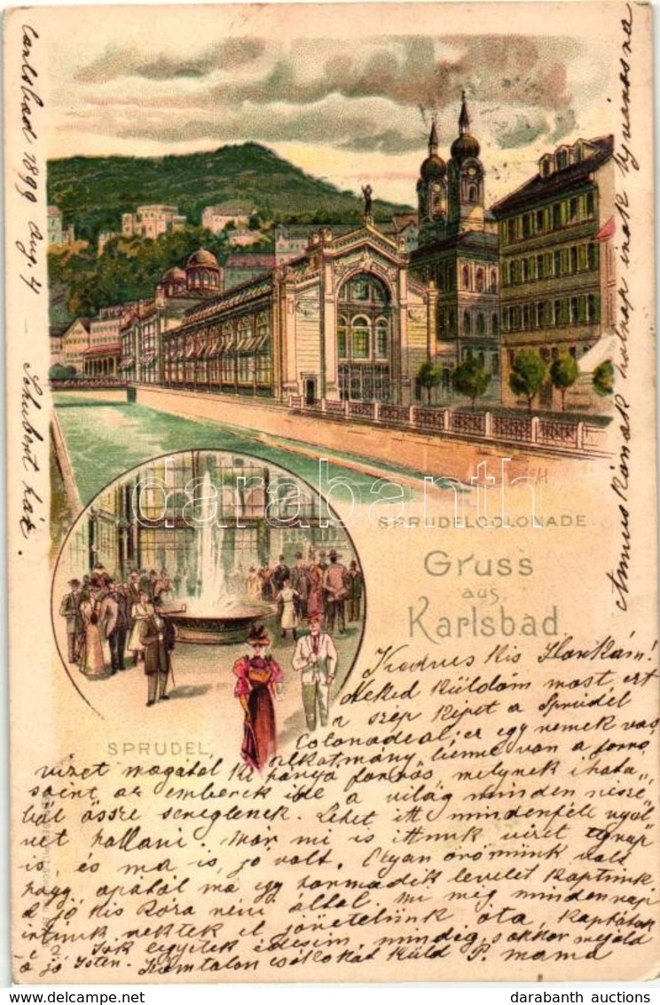 T2 1899 Karlovy Vary, Karlsbad; Sprudelcolonnade, Sprudel / Fountain. Litho - Non Classés