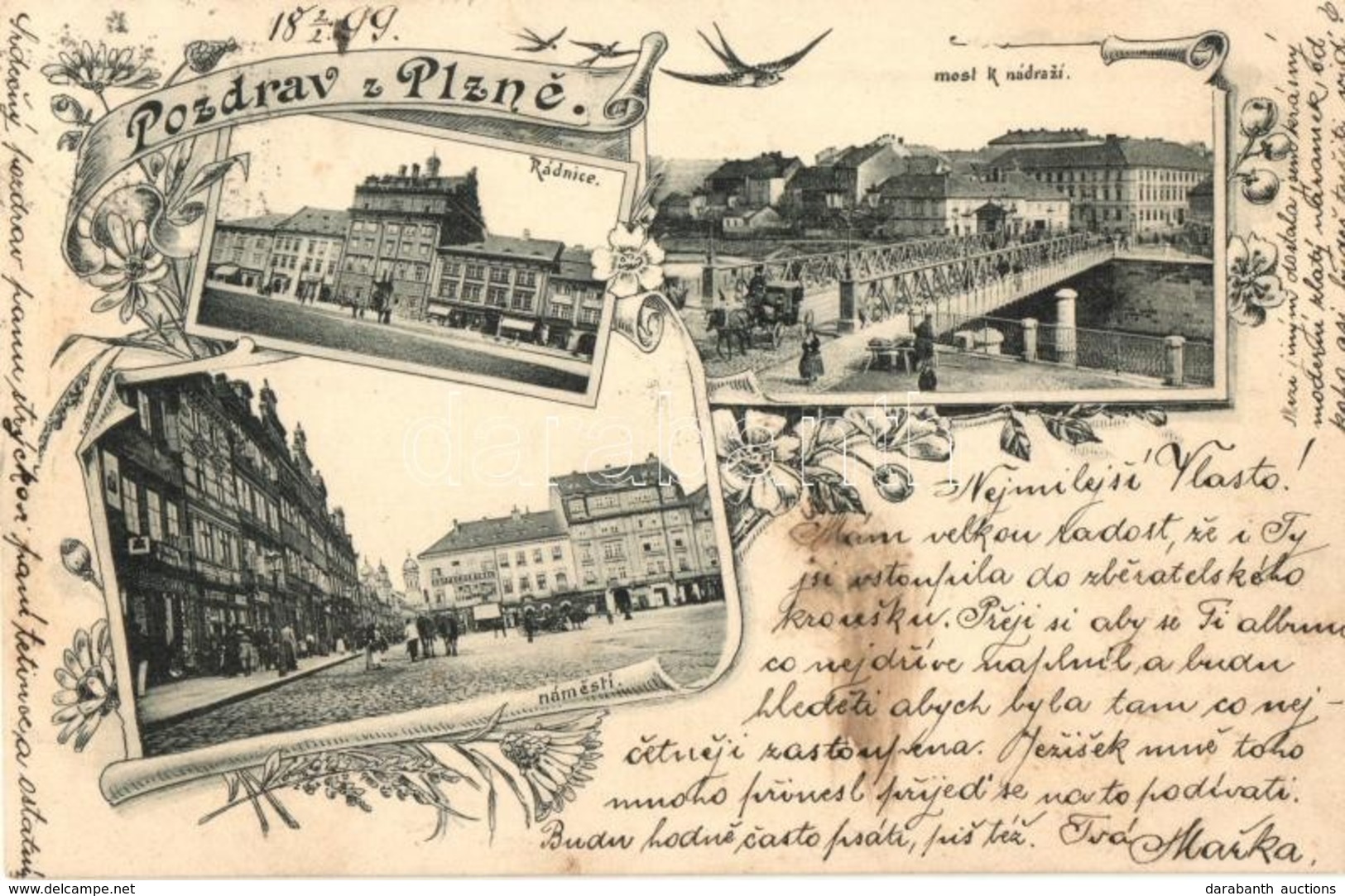 T2 1899 Plzen, Pilsen; Radnice, Most K Nadrazi, Namesti, Caffe Central / Town Hall, Bridge, Square, Cafe. Art Nouveau, F - Non Classés