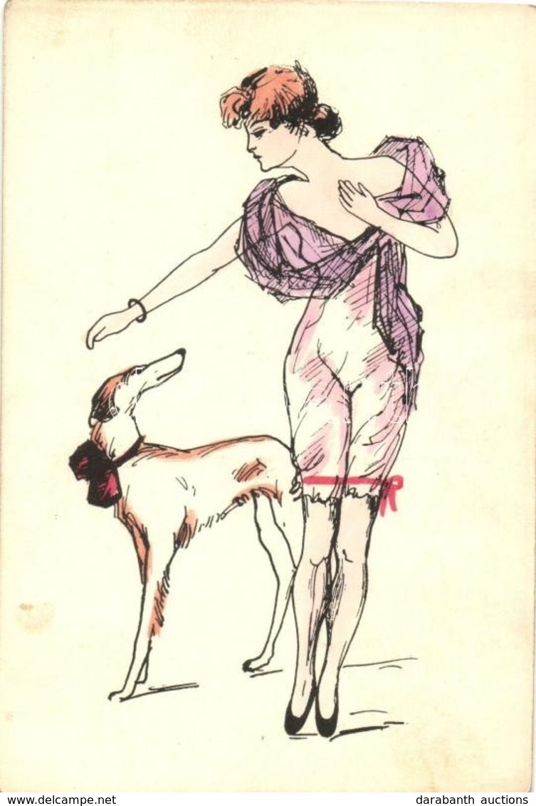 ** T2 Gently Erotic Art Postcard. Lady With Sighthound Dog - Non Classés