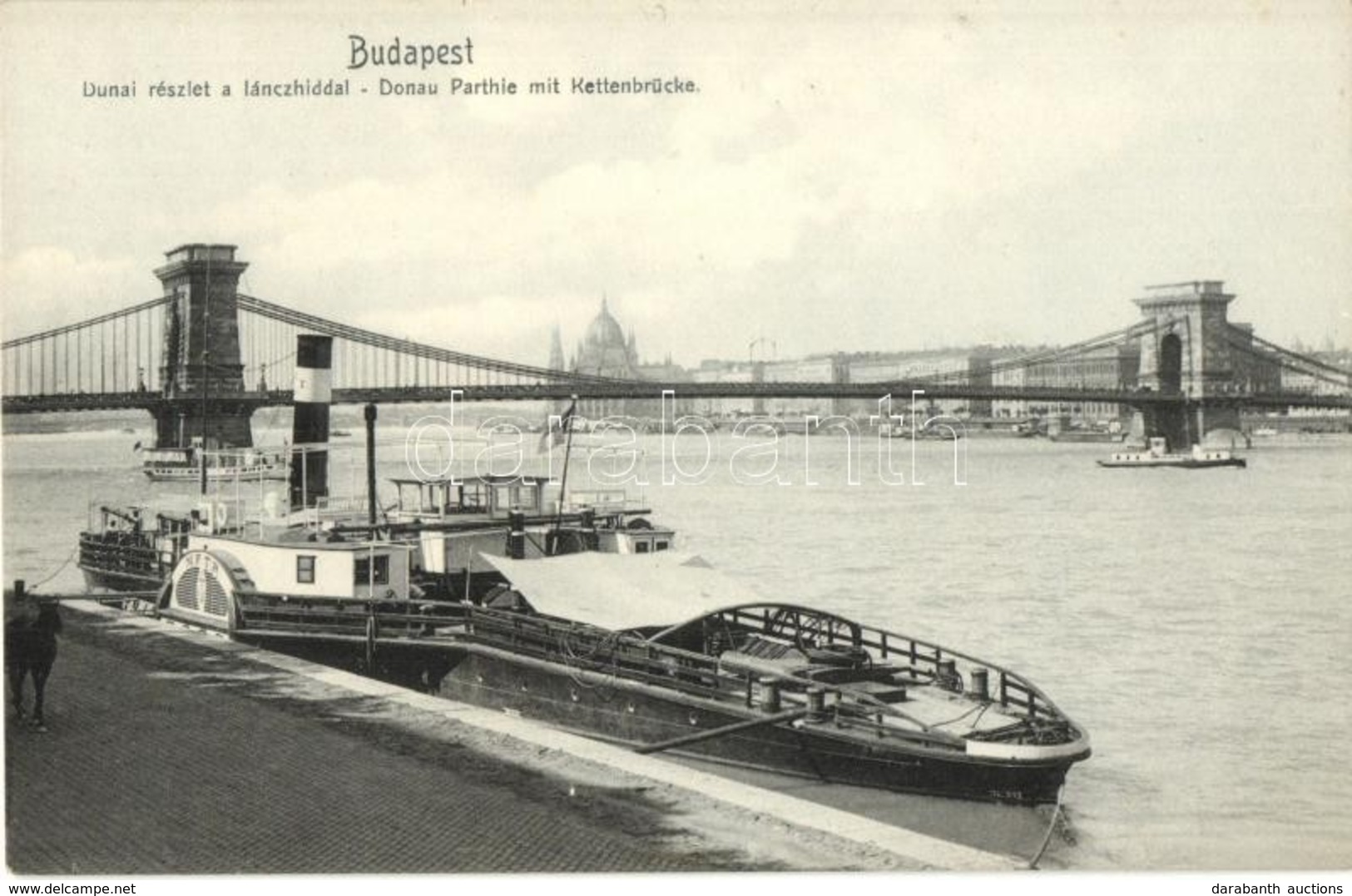 ** T1 Böős Oldalkerekes Vontató Gőzhajó Budapesten A Lánchídnál / Hungarian Towing Steamship In Budapest - Non Classés