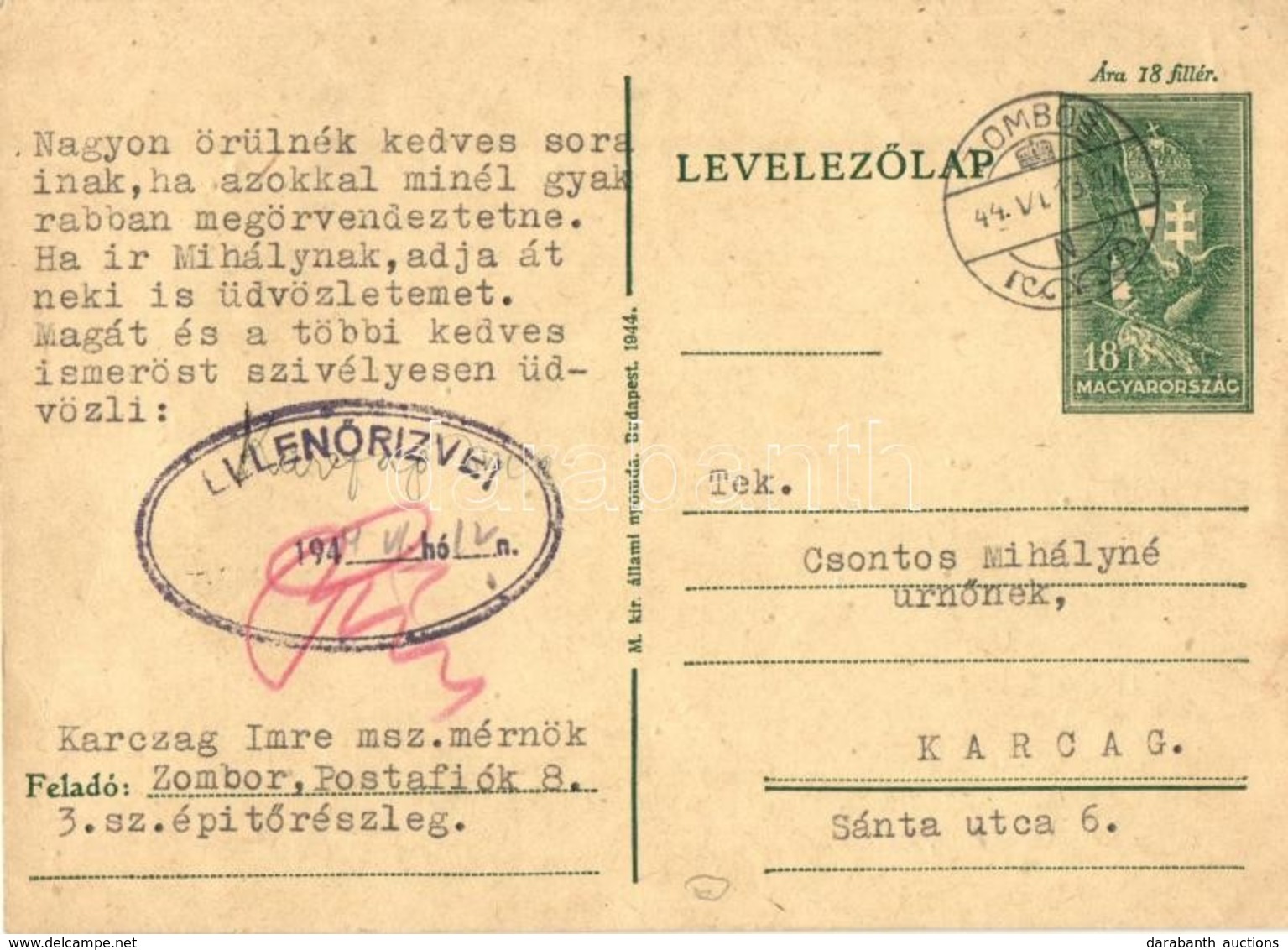 T2/T3 1944 Karczag Imre Zsidó KMSZ (közérdekű Munkaszolgálatos) Mérnök Levele A Zombori Munkatáborból / WWII Letter Of A - Non Classificati