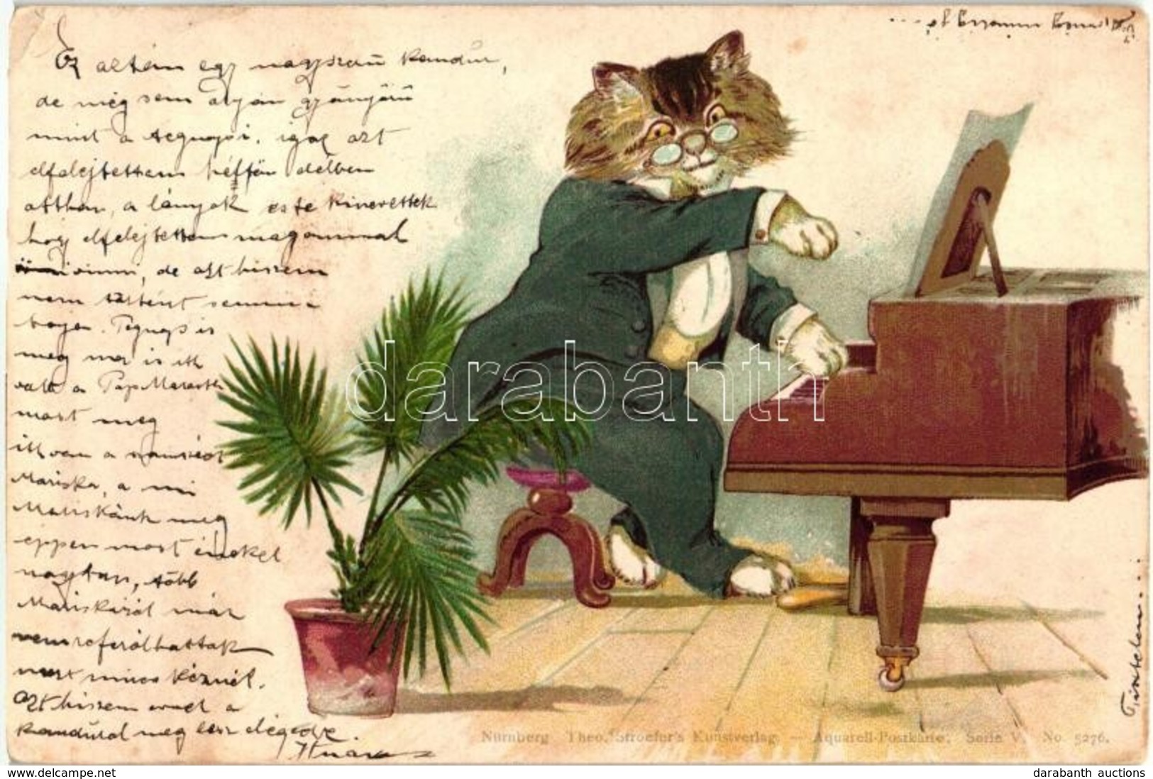 T2/T3 1899 Cat Pianist Playing The Piano. Theo Stroefer's Kunstverlag. Aquarell-Postkarte Serie V. No. 5276. Litho (EK) - Non Classés