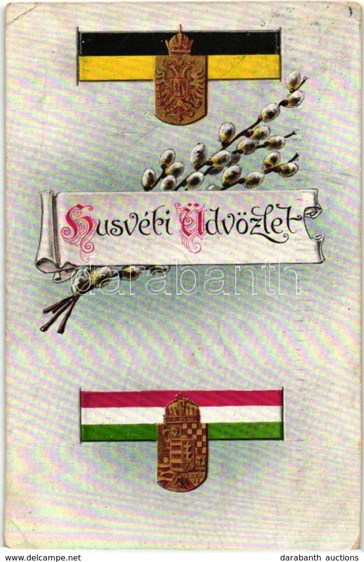 T2/T3 Húsvéti üdvözlet! / Military Easter Greeting Art Postcard, Viribus Unitis, German And Hungarian Flags (EK) - Non Classés