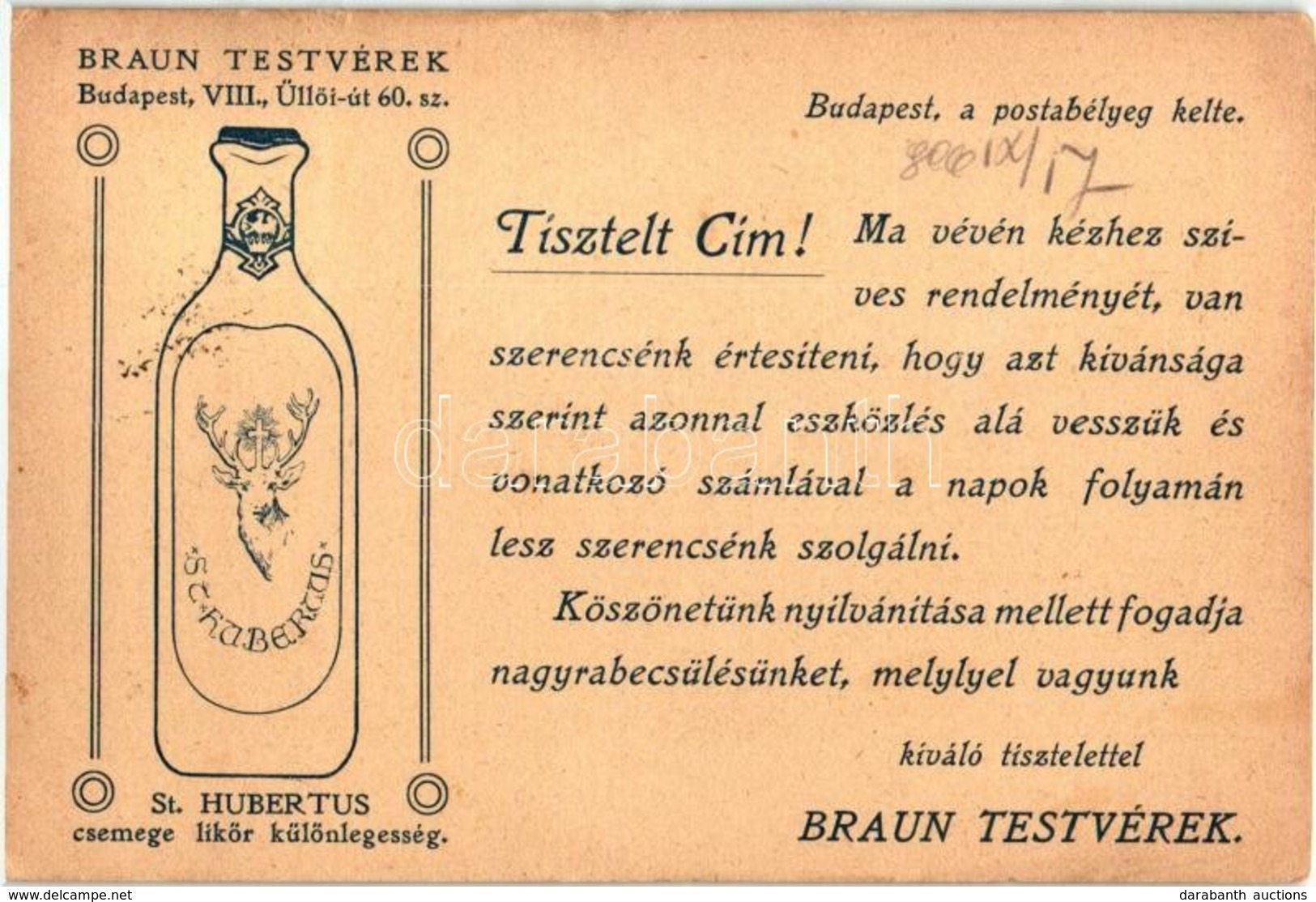 T2/T3 Braun Testvérek St. Hubertus Csemege Likőr Különlegesség Reklámlapja / Hungarian Advertisement For St. Hubertus Li - Non Classés