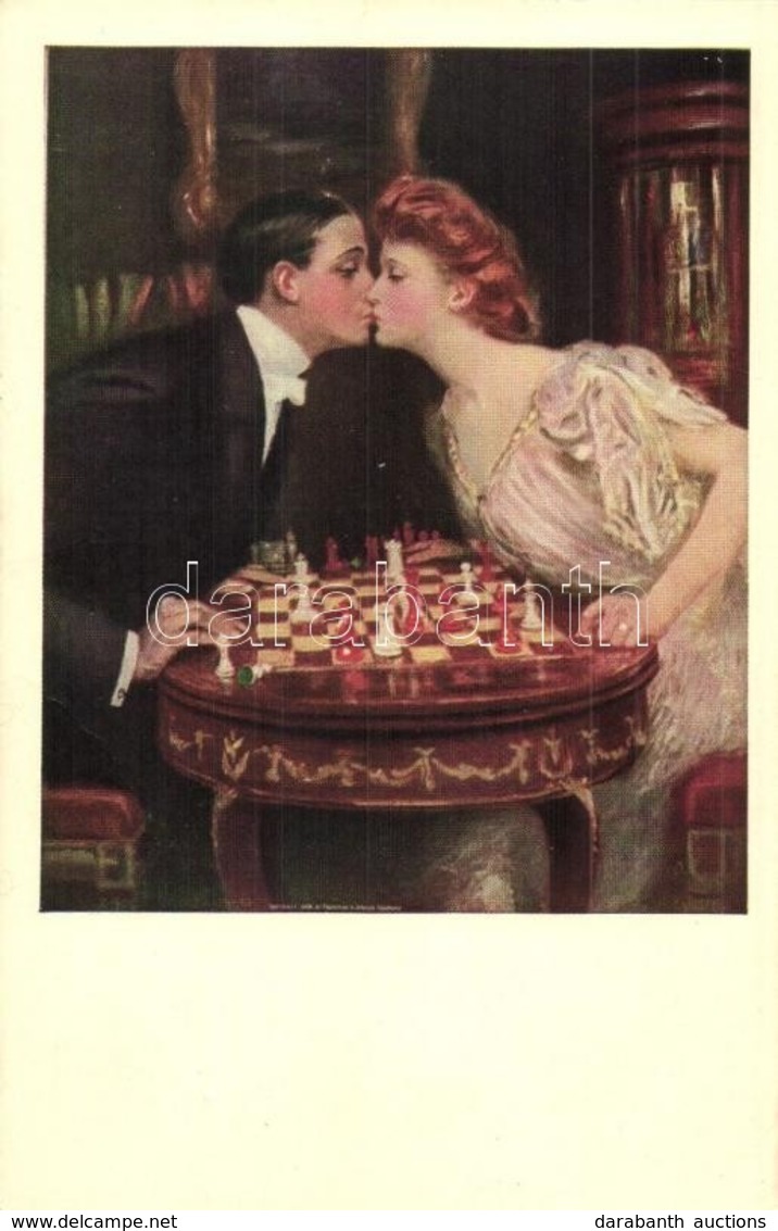 ** 2 Db RÉGI Sakk Motívumlap Szerelmes Párokkal / 2 Pre-1945 Chess Motive Postcards With Love Couples - Non Classés