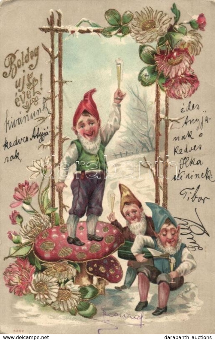 T2/T3 Boldog Újévet! / New Year Greeting Card, Dwarves, Mushrooms, Champagne. Floral Emb. Litho (EK) - Non Classés