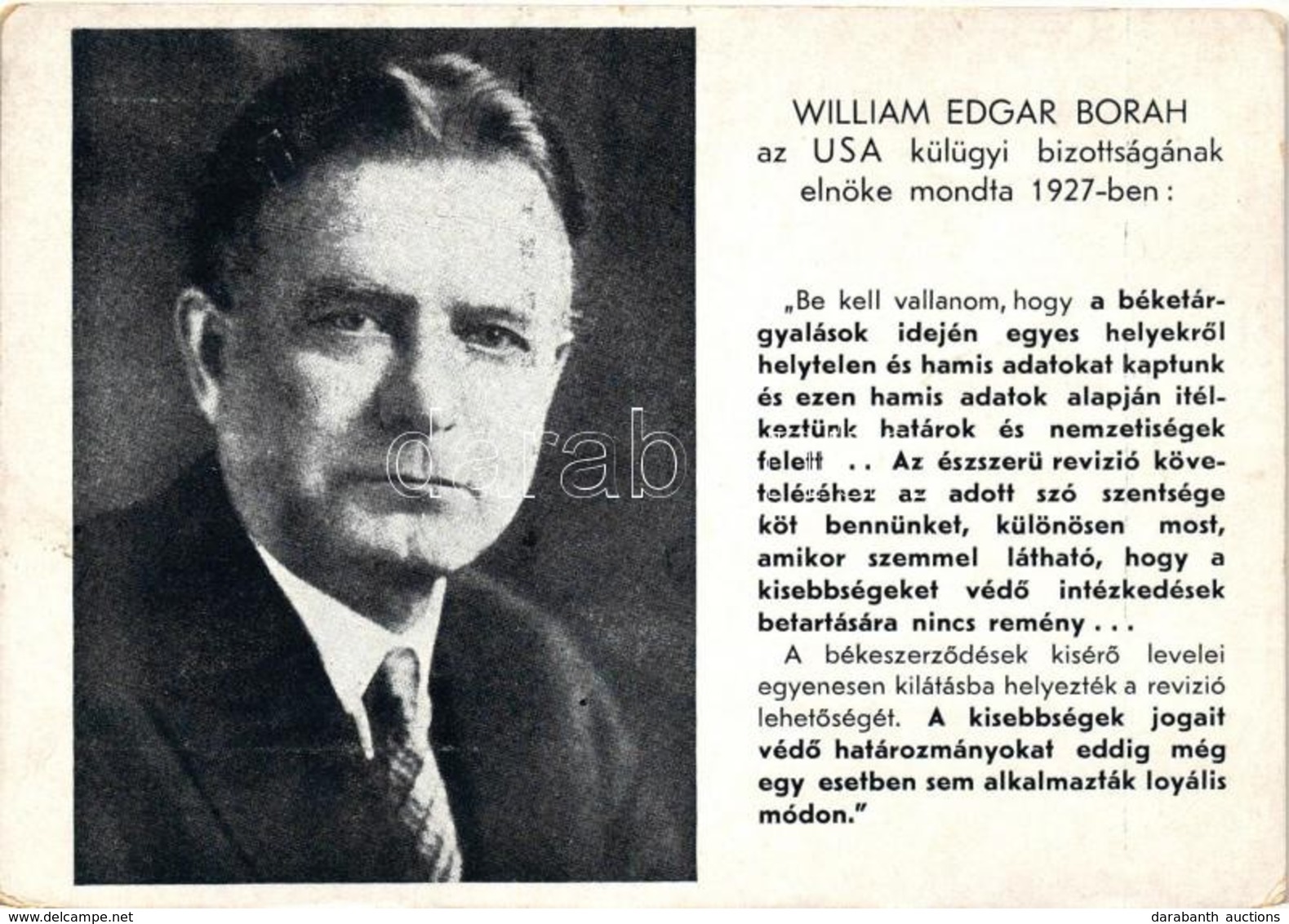* T3 William Edgar Borah, Az USA Külügyi Bizottságának Elnöke, Irredenta, Kiadja Magyar Nemzeti Szövetség / William Edga - Non Classés