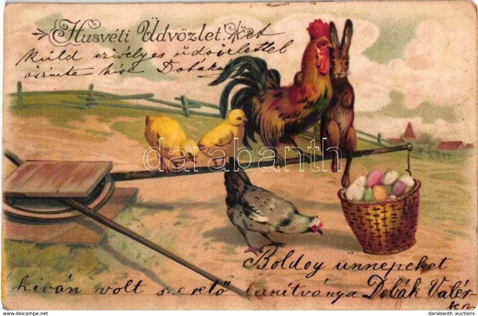 * T2 Húsvéti üdvözlet! / Easter Greeting Art Postcard, Chicken, Rosster, Rabbit. Emb. Litho - Non Classés