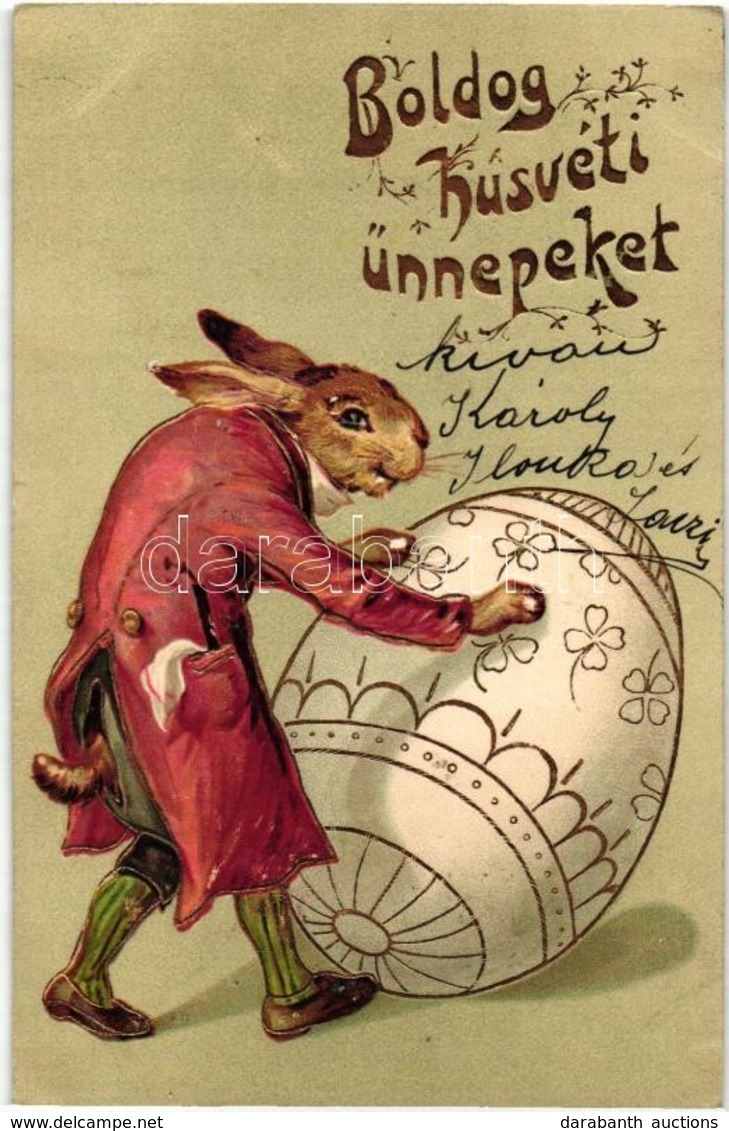 T2 Boldog Húsvéti ünnepeket! / Easter Greeting Art Postcard, Rabbit With Egg. Golden Emb. Litho - Non Classés