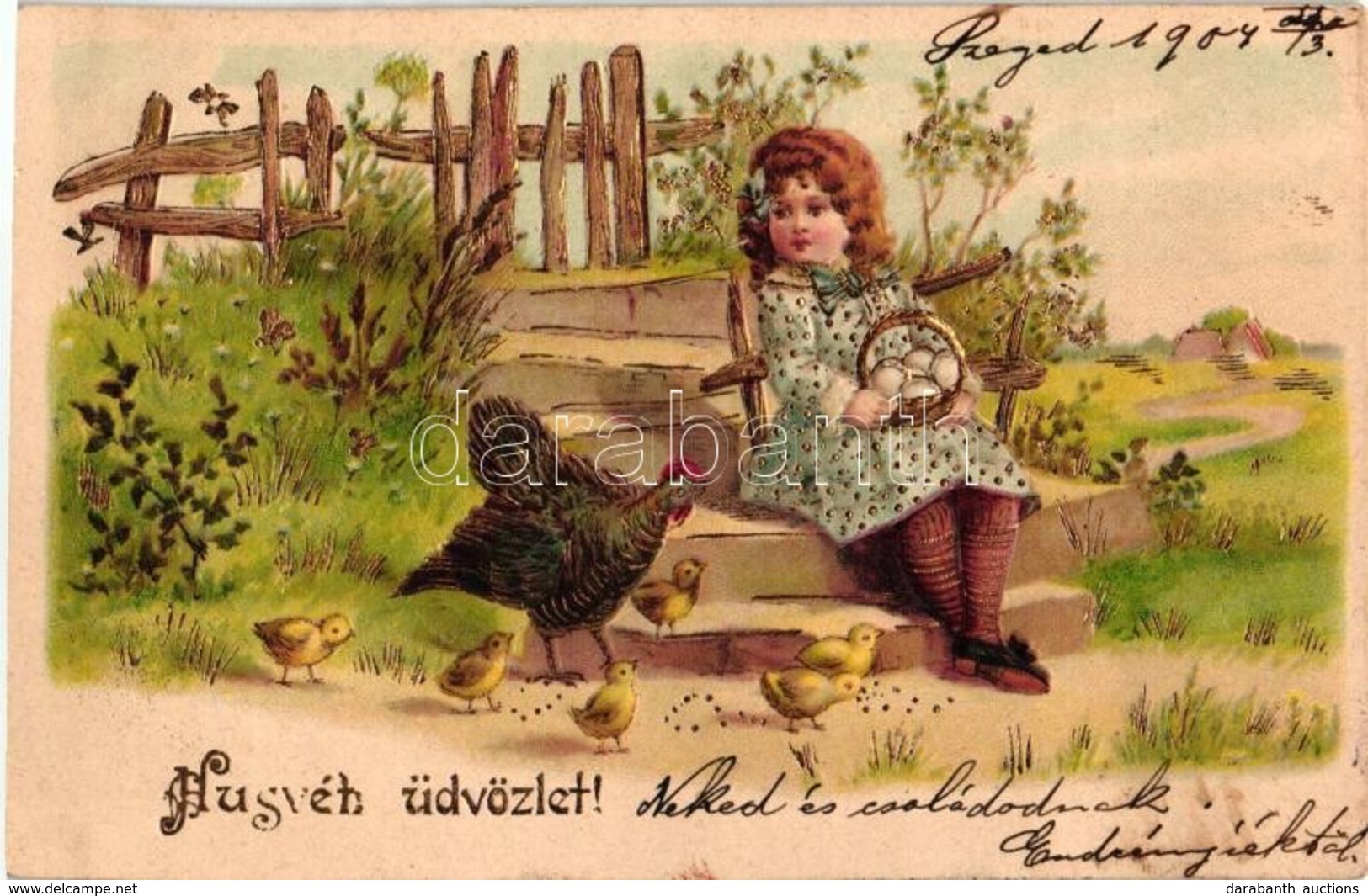 T2 Húsvéti üdvözlet! / Easter Greeting Art Postcard, Girl With Chicken. Golden Litho - Non Classés