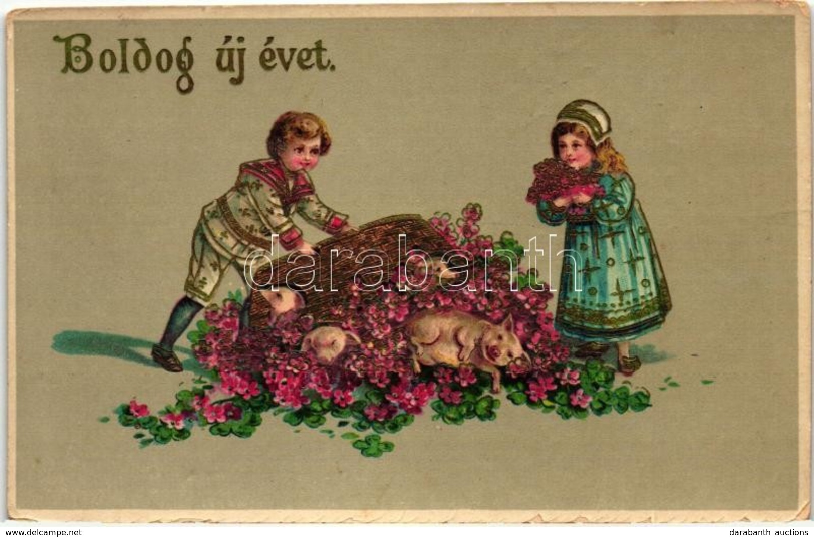 * T2 Boldog Új évet / New Year Greeting Art Postcard. Children With Pigs. H.W.B. Ser. 2868. Golden Litho - Non Classés