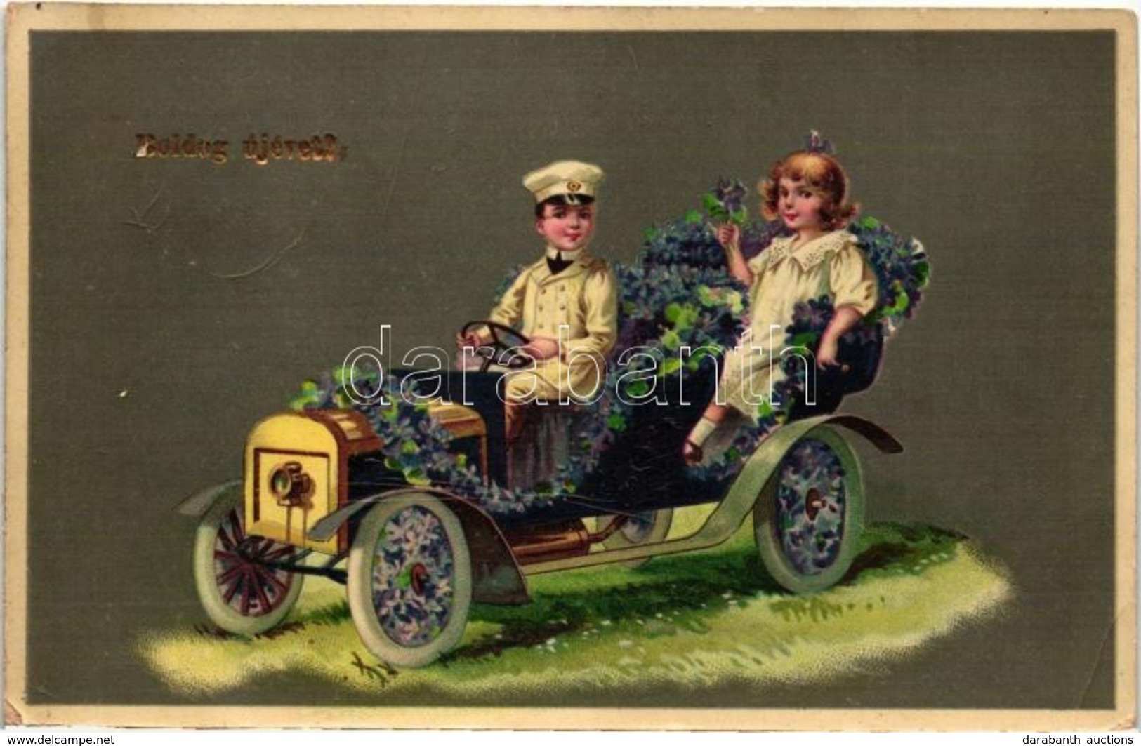 T2/T3 Boldog Újévet! / New Year Greeting Art Postcard, Children In Automobile. Floral, Litho (EK) - Unclassified