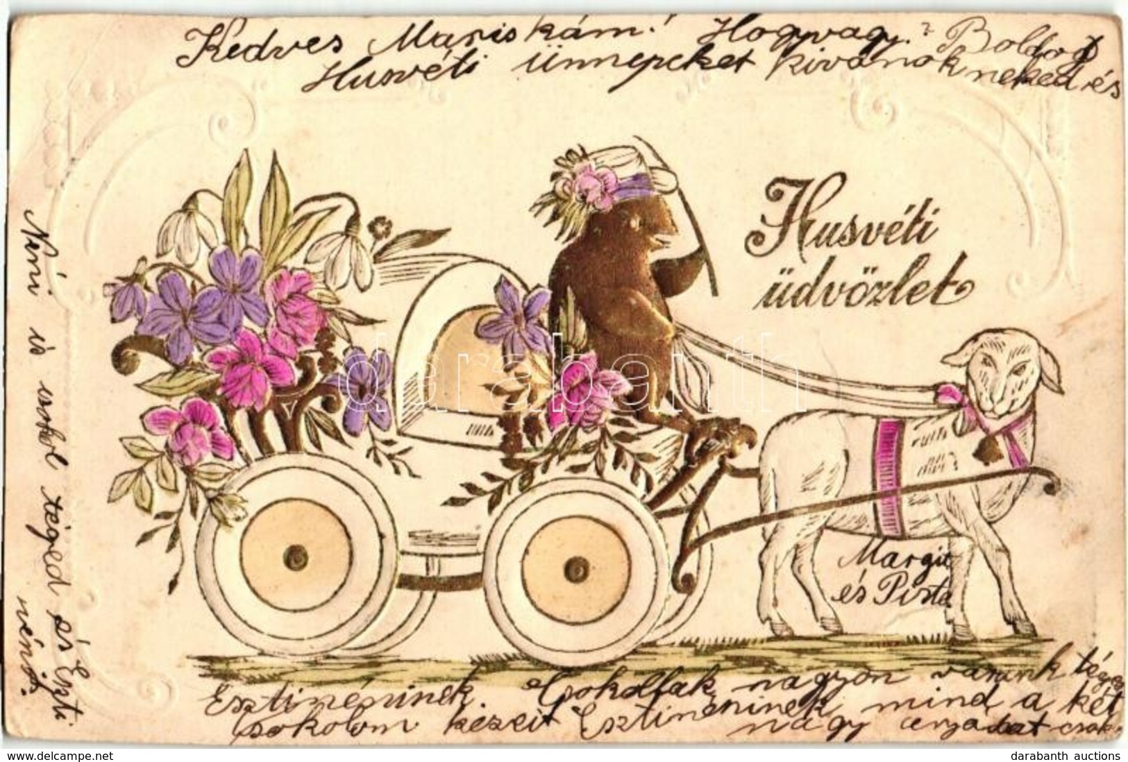 T2/T3 Húsvéti üdvözlet / Easter Greeting Art Postcard, Lamb Drawn Cart With Chicken, Golden Emb. (EK) - Non Classés