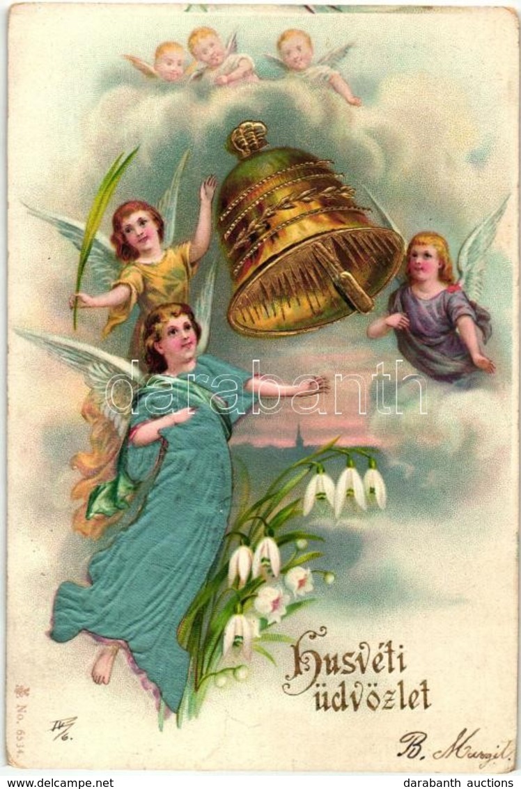 T2 Húsvéti üdvözlet / Easter Greeting Art Postcard, Angels With Bell. Golden Decorated Litho Silk Card - Non Classés