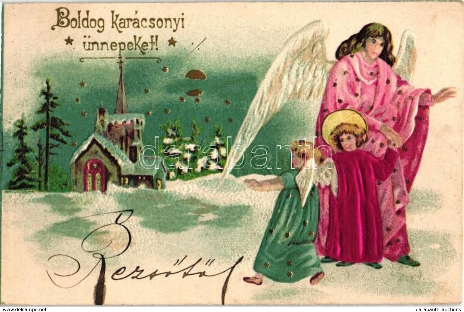 T2 Boldog Karácsonyi Ünnepeket / Christmas Greeting Art Postcard. Angels, Litho Silk Card - Non Classés