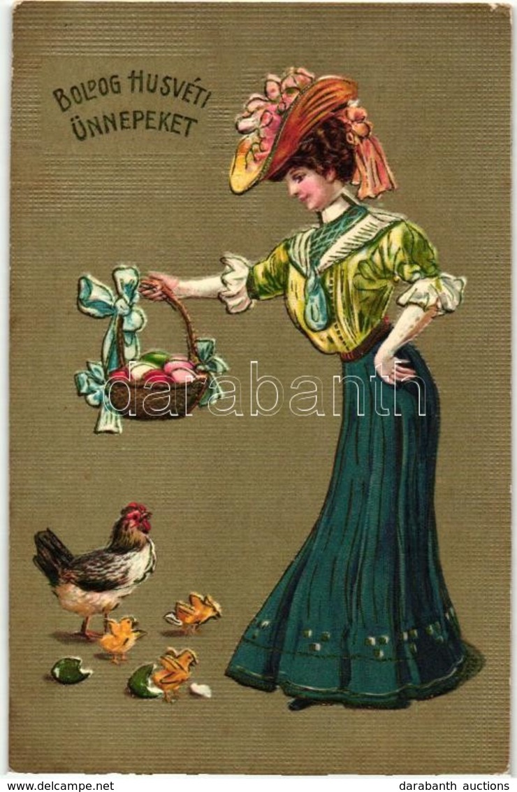 T2 Boldog Húsvéti Ünnepeket / Easter Greeting Art Postcard, Lady With Chicken. Rotochrom 1036. Emb. Litho - Non Classés