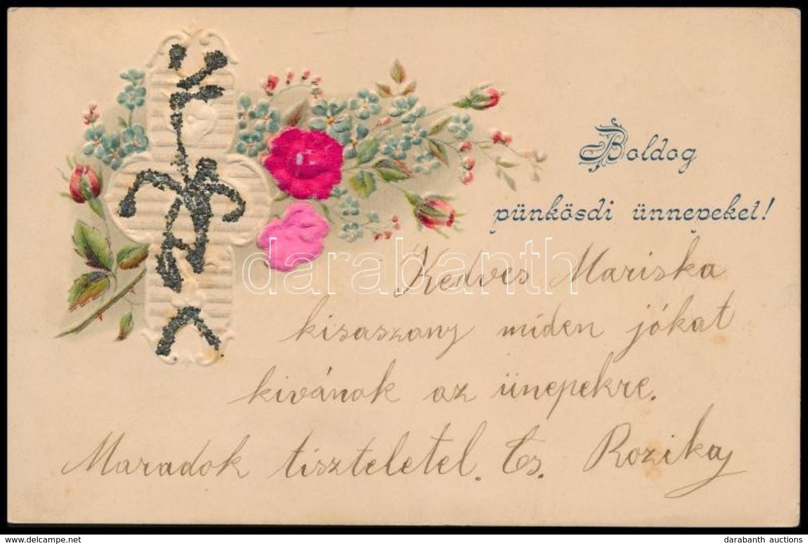 T2 Boldog Pünkösdi ünnepeket! / Pentecost Greeting Art Postcard, Emb. Floral Decorated Silk Card - Non Classés
