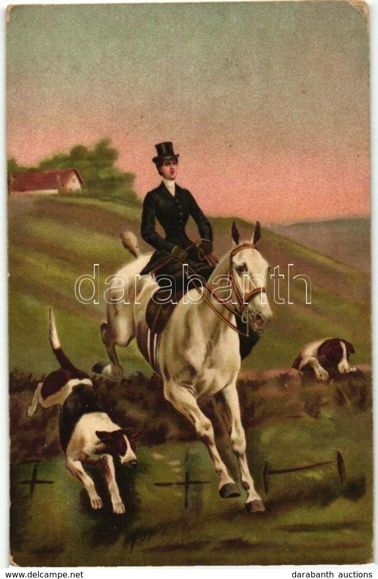 T2/T3 Hunter Lady With Hunting Dogs, Litho - Non Classés