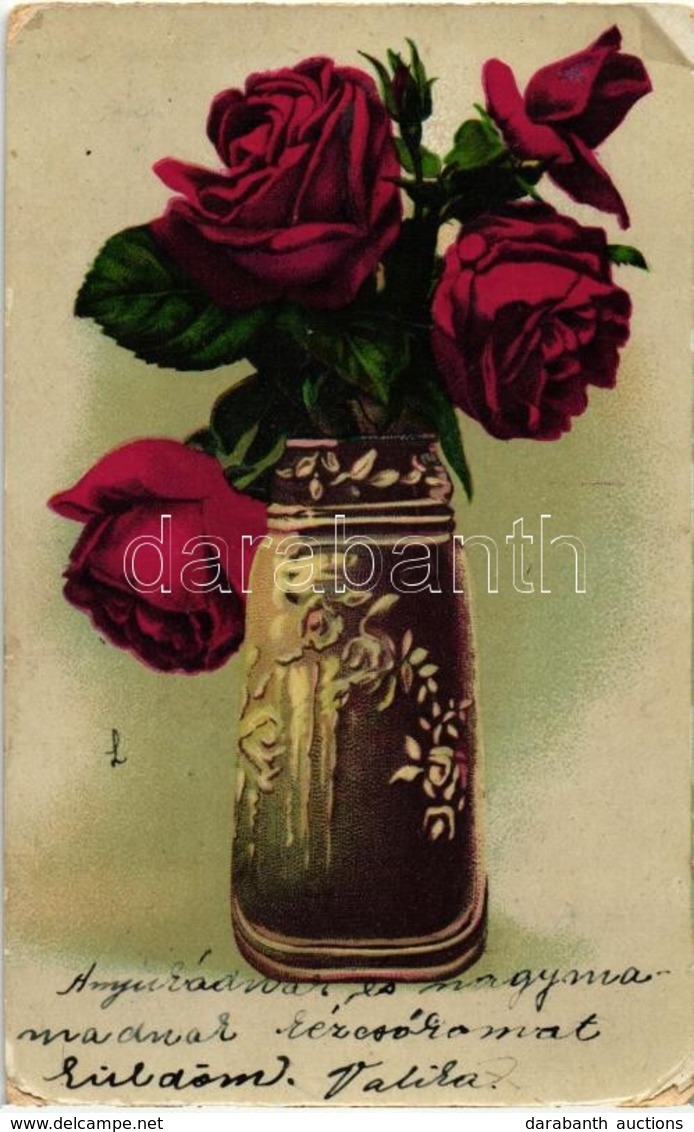 T3 Rose Flowers In Vase, Litho, S: L (surface Damage) - Non Classés