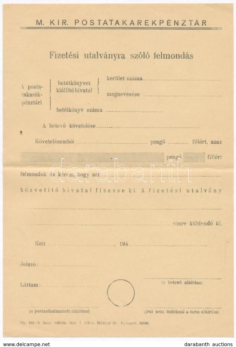 ~1940. 'Magyar Királyi Postatakarékpénztár - Fizetési Utalványra Szóló Felmondás' Kitöltetlen űrlap (2x) T:II - Non Classés