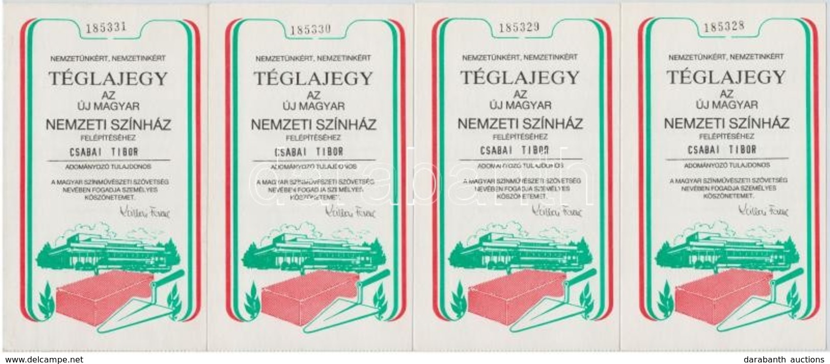 1987. 100Ft 'Nemzeti Téglajegy - Téglajegy Az új Magyar Nemzeti Színház Felépítéséhez' (7x), Sorszámkövetők (4+3) T:I- - Non Classés