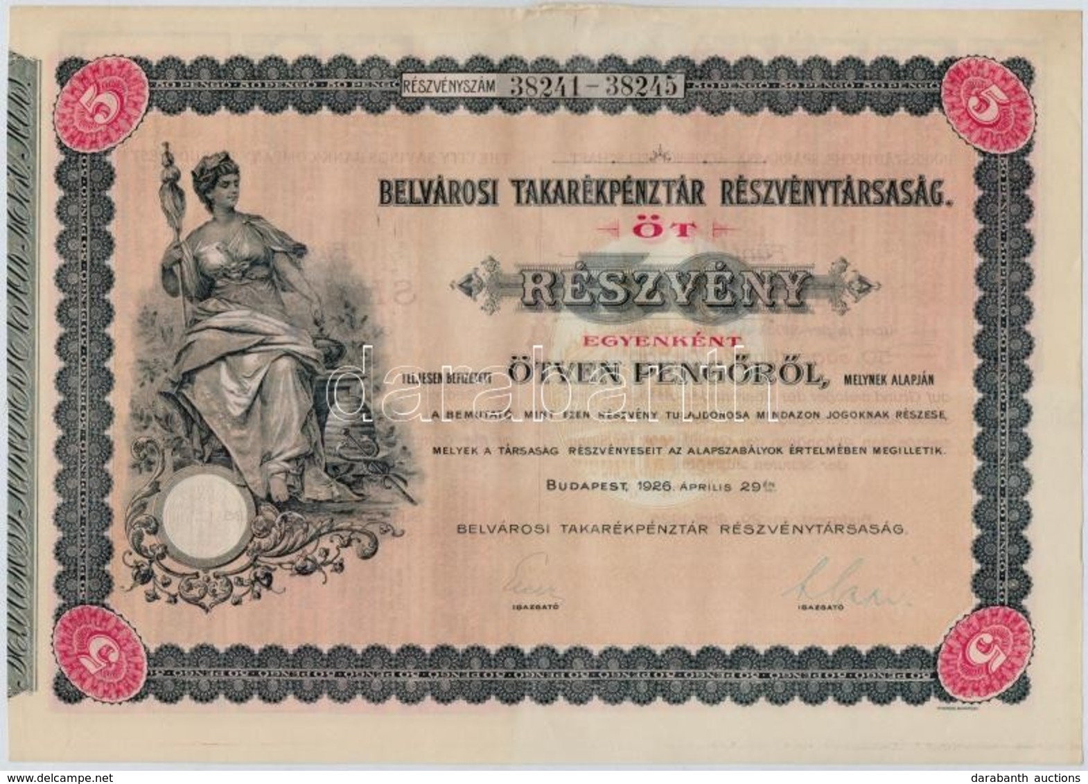 Budapest 1926. 'Belvárosi Takarékpénztár Részvénytársaság' öt Részvénye Egyben 250P-ről (2x), Sorszámkövetők, Szárazpecs - Non Classés