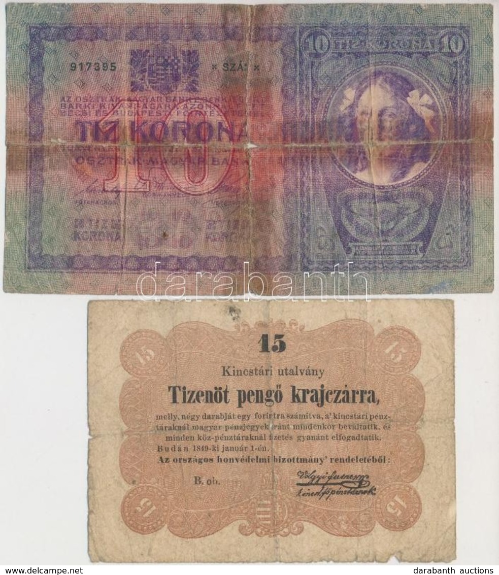 1849. 15kr 'Kossuth Bankó' + 1904. 10K Ragasztva T:III-,V - Non Classés