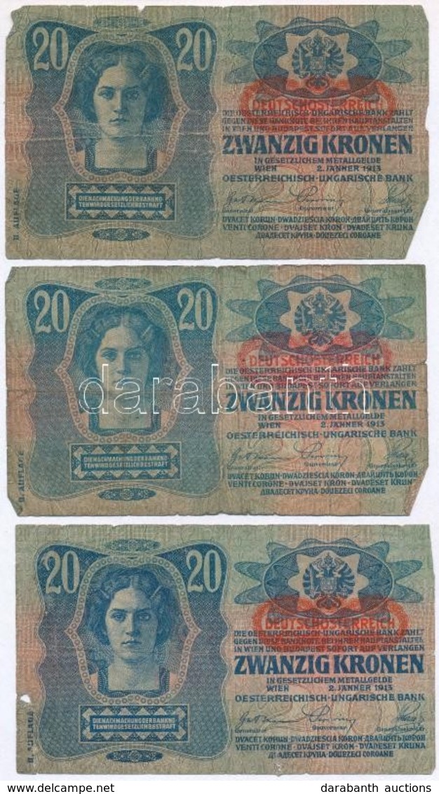 1913. 20K (3x) Mindhárom II. Kiadás és Vízszintes, Piros 'DEUTSCHÖSTERREICH' Felülbélyegzéssel T:III,III- - Unclassified