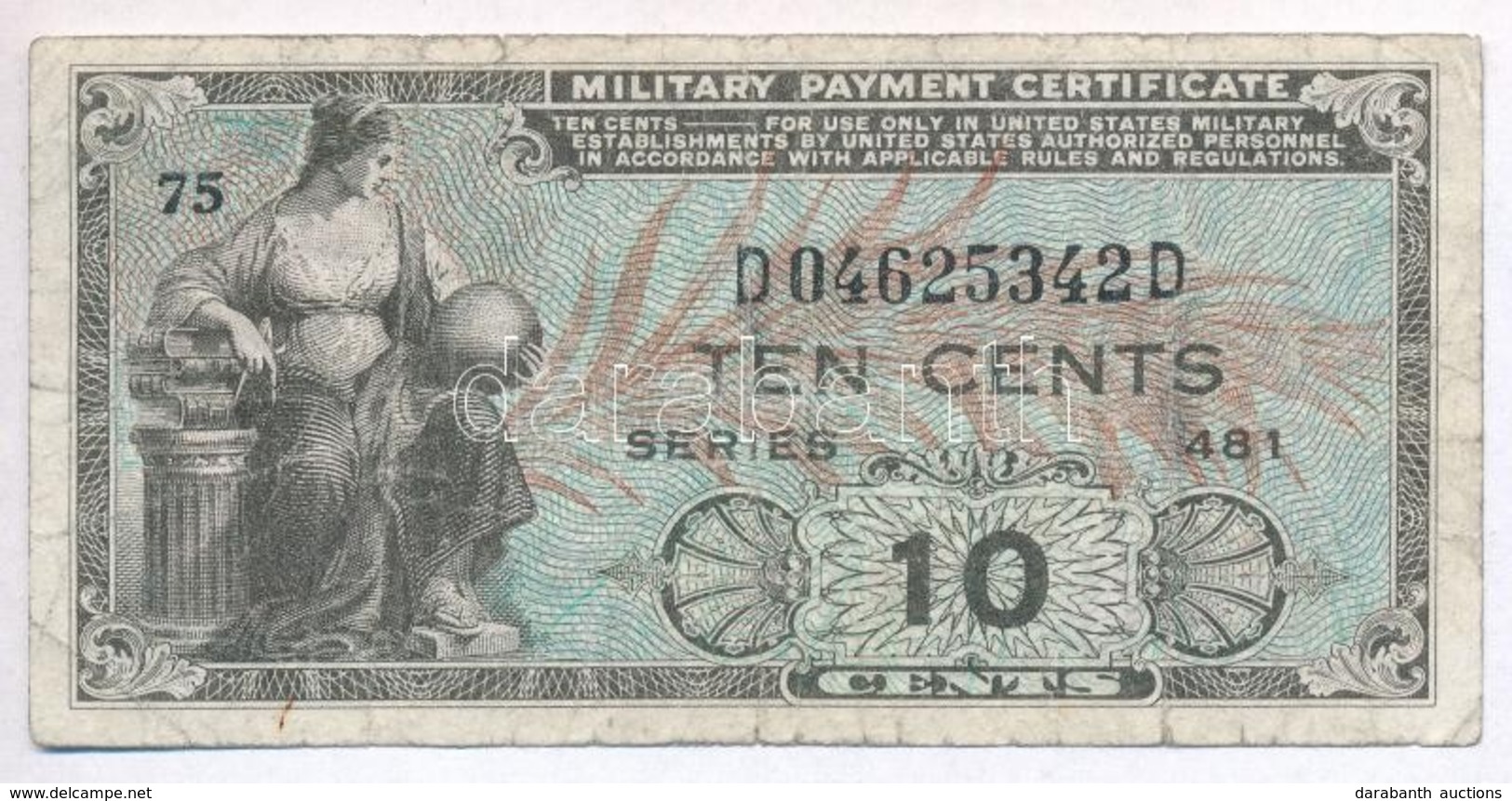 Amerikai Egyesült Államok / Katonai Kiadás 1951. 10c '481.' Sorozat T:III,III-
USA / Military Payment Certificate 1951.  - Non Classés