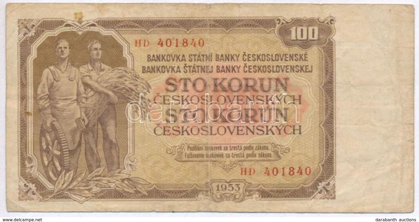 Csehszlovákia 1953. 100K T:III,III-
Czechoslovakia 1953. 100 Korun C:F,VG - Non Classés